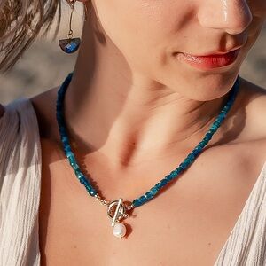 Blue Apatite Gemstone Necklace Gold Toggle Clasp Removable Baroque Pearl PRETTY